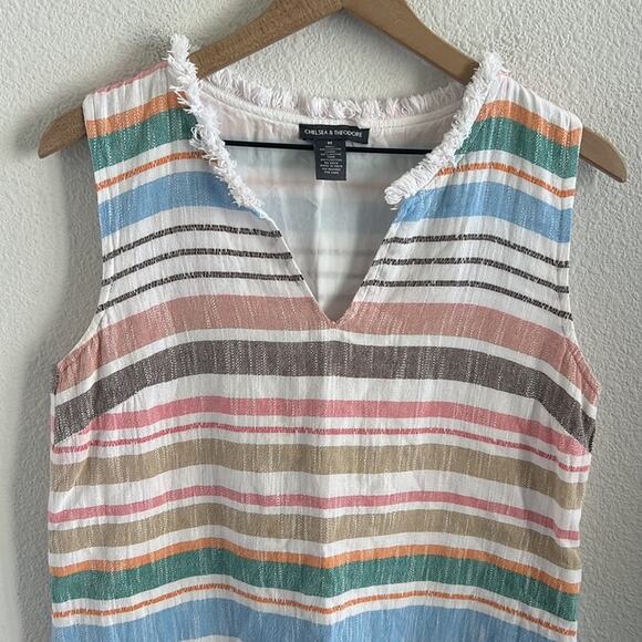 Chelsea & Theodore Cotton Striped Dress Fringe Boho Coastal Medium - Picture 3 of 5